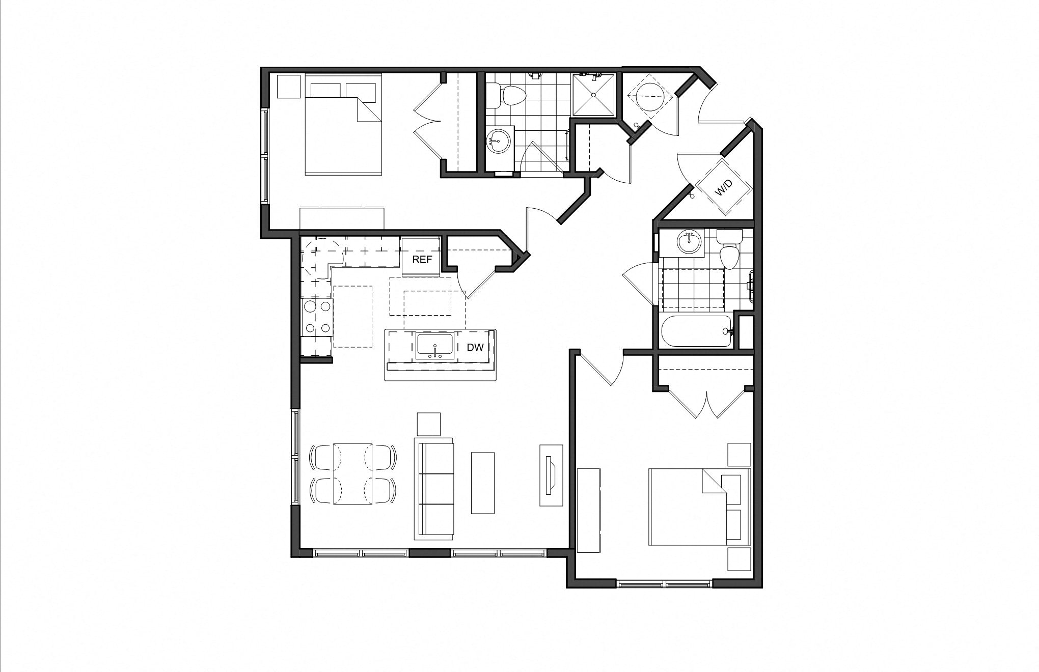 Floor plan for 2 beds, 2 baths, 1031 sqft
